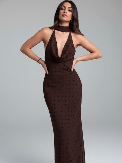 Vestido Longo Poá Choco Elegance - Primavera Verão l CAROL ESPAÇO FASHION