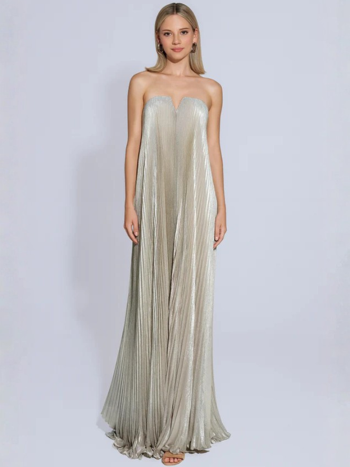 Vestido Plissado Longo Assimétrico Metalizado