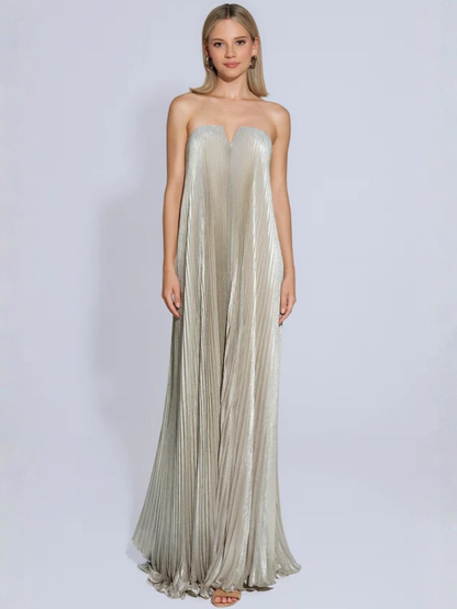 Vestido Plissado Longo Assimétrico Metalizado
