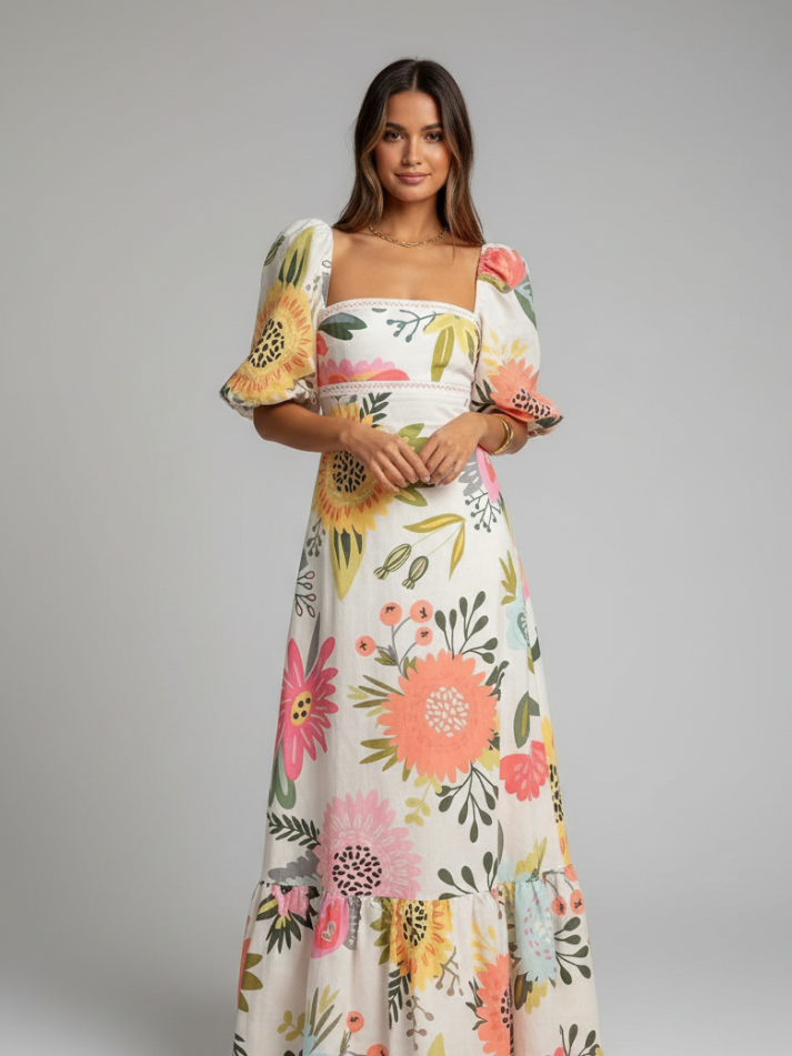 Vestido Longo Estampado Com Mangas - Primeira Verão l  CAROL ESPAÇO FASHION