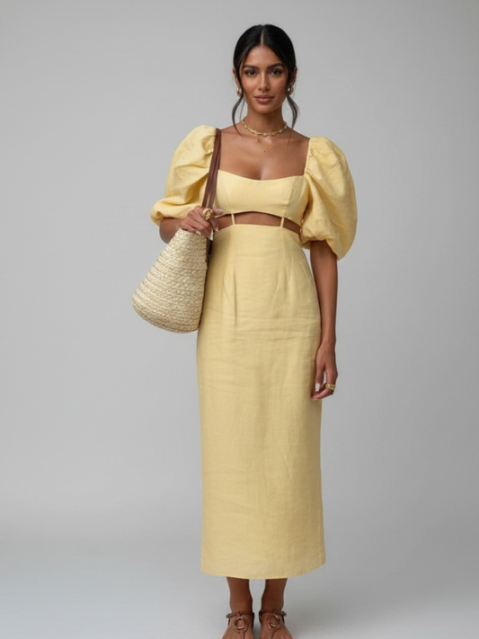 Vestido Amarelo com Mangas Bufantes