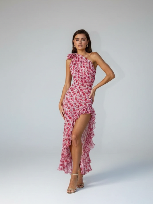 Vestido Floral One Shoulder Assimétrico com Babados