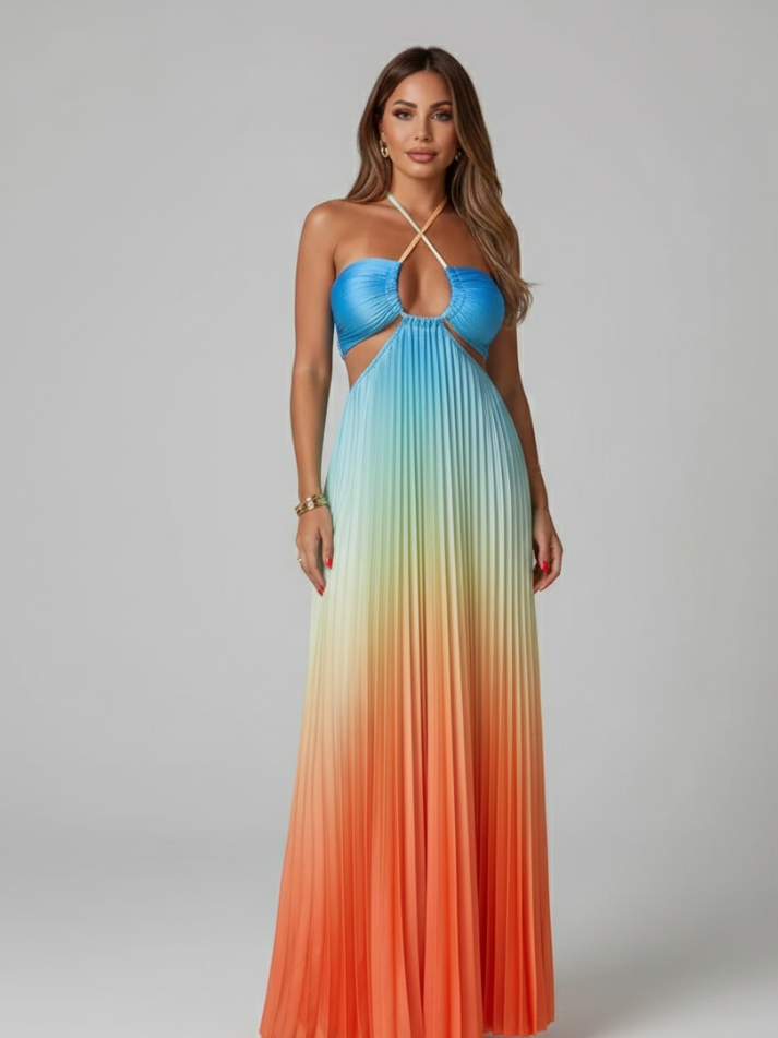 Vestido Longo Plinsado Degrade - Moda Praia | CAROL ESPAÇO FASHION