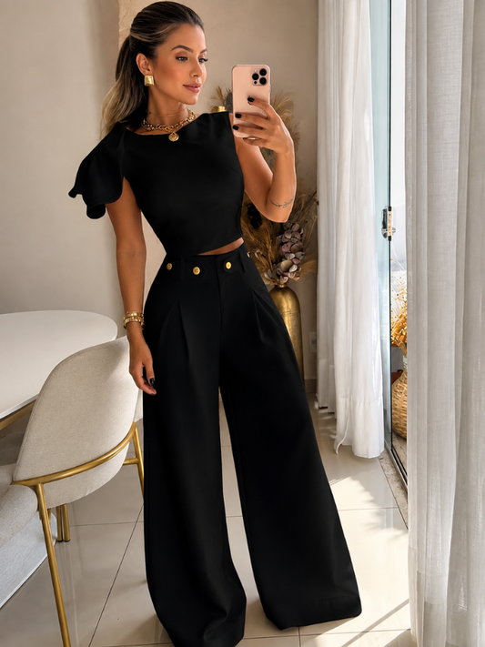 Conjunto Feminino Pantalona Social Pétala Ombro Só - Sale l CAROL ESPAÇO FASHION