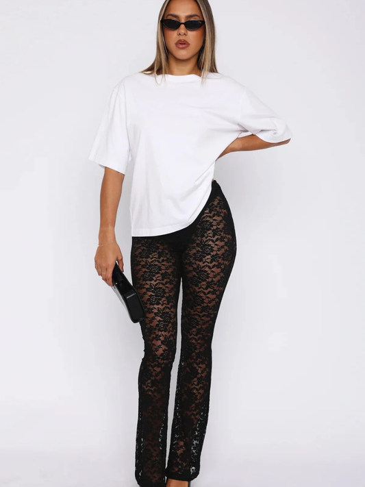 Calça Rendada Flare com Transparência - Moda Festa l CAROL ESPAÇO FASHION