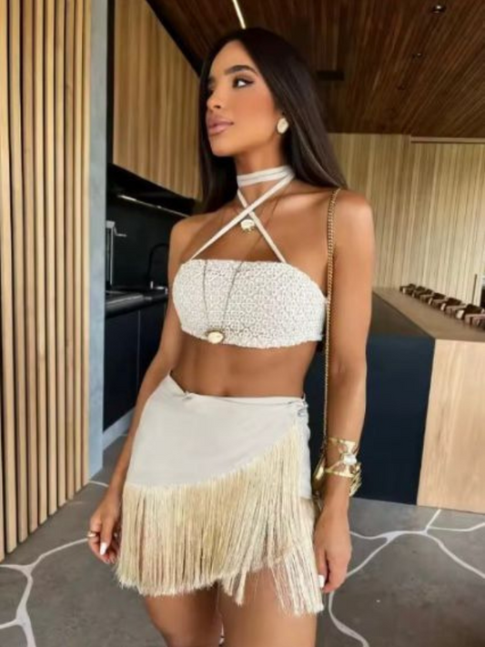 Conjunto Feminino Top Renda & Mini Saia Franja Exclusivo