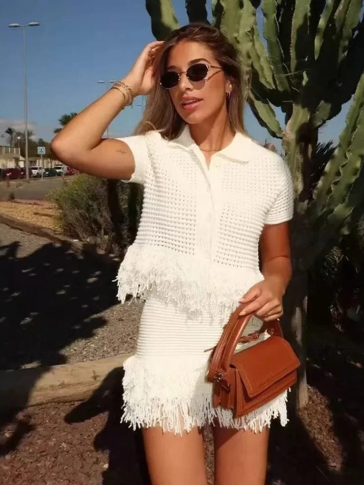 Conjunto Cropped e Saia Tricô Franja