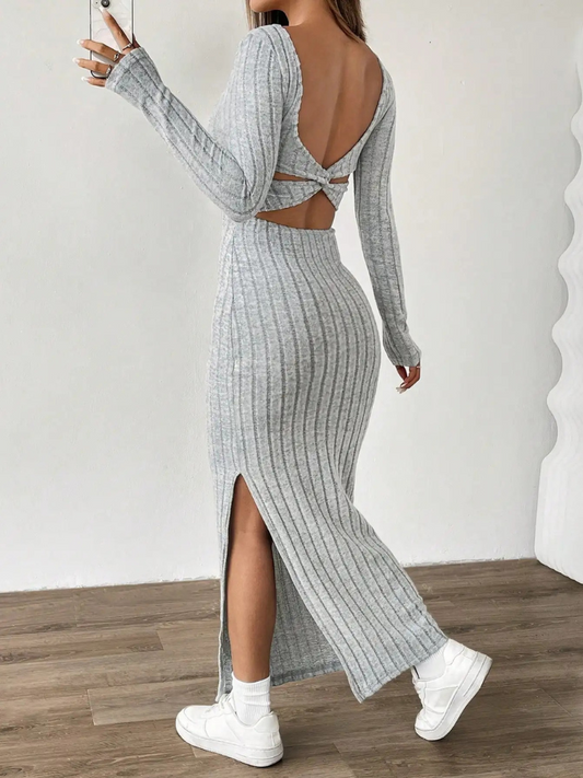 Vestido Tricô Canelado Manga Longa