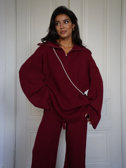 Conjunto Tricô Oversized Vinho com Zíper Frontal - Outono Inverno l CAROL ESPAÇO FASHION
