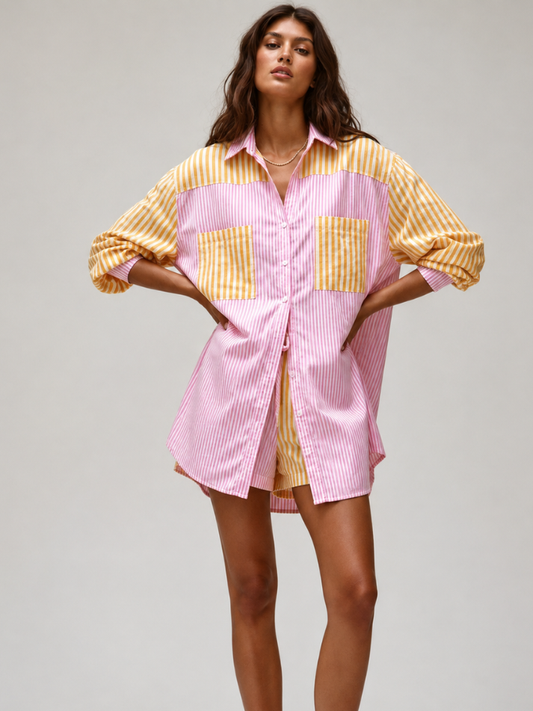 Conjunto  Camisa e Short Listrado Feminino - Moda Praia l CAROL ESPAÇO FASHION