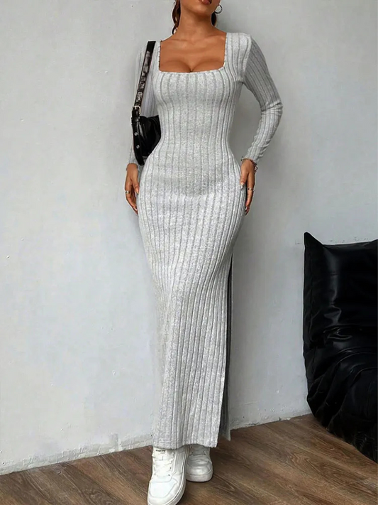Vestido Longo Canelado com Decote Quadrado