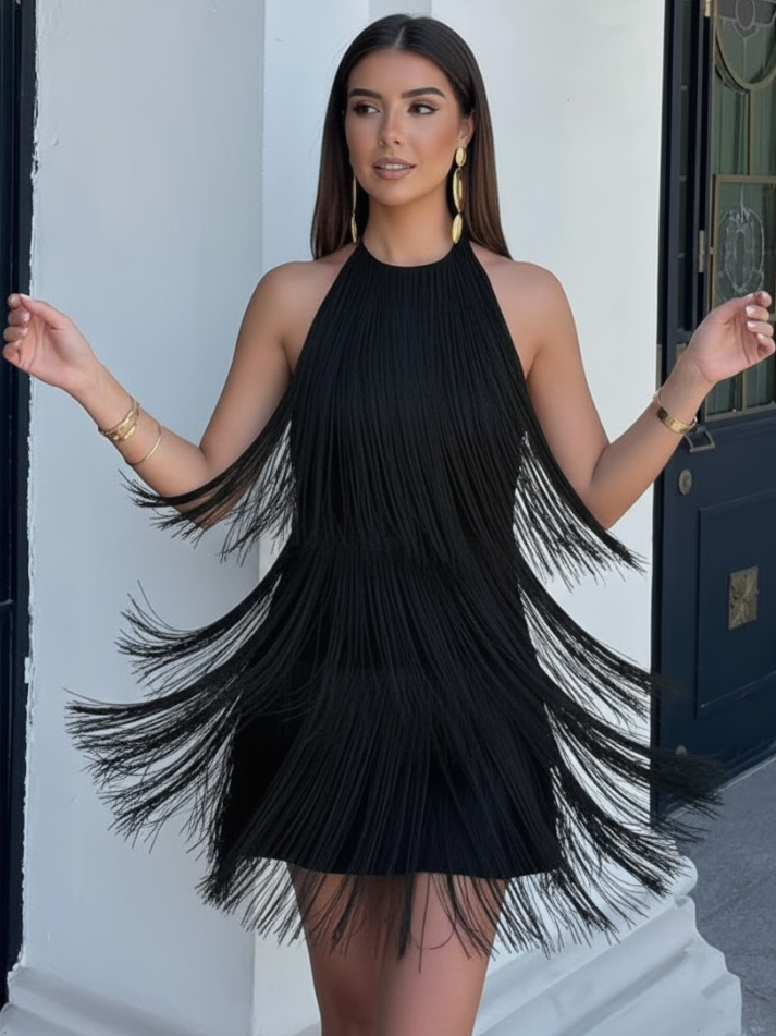 Vestido Frente Única Curto Franja