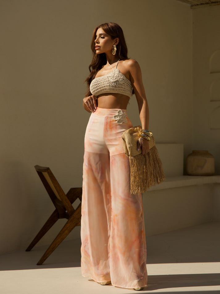 Conjunto Top Crochê e Calça Pantalona Flor - Sale
