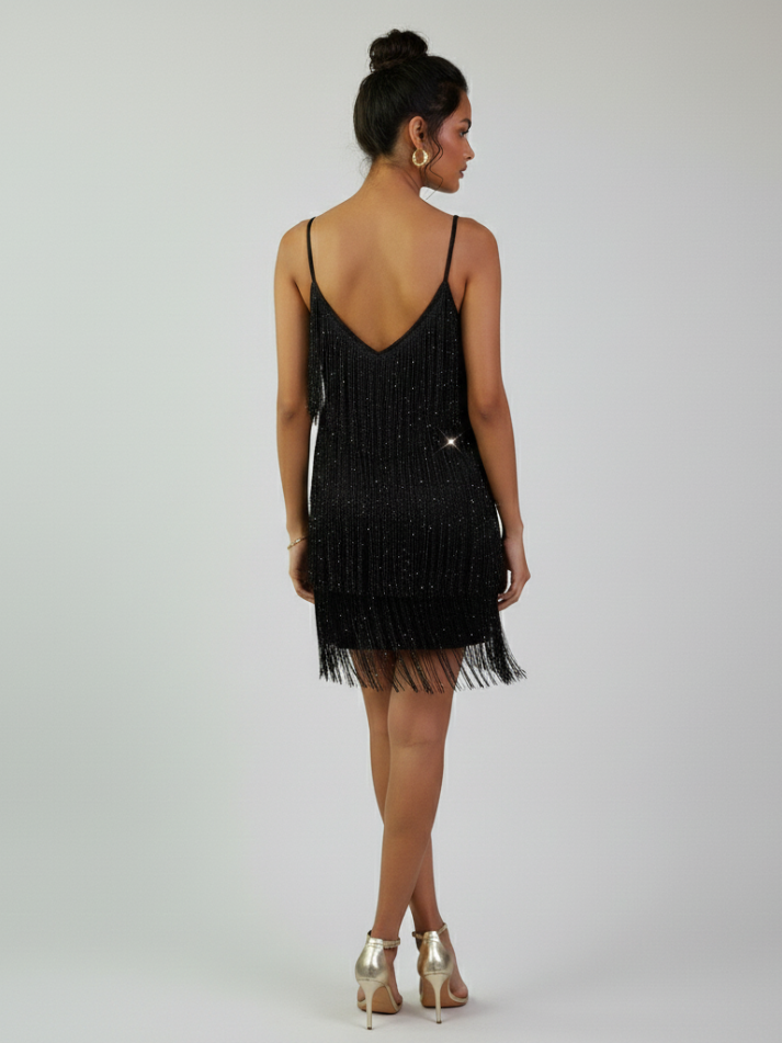 Vestido Curto Backless Franja Preto