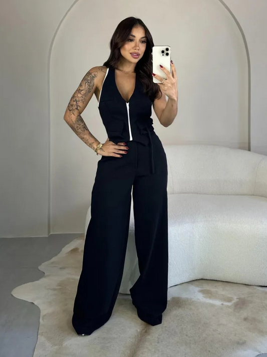 Conjunto Feminino Viana Cropped com Zíper e Calça Pantalona - Sale