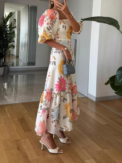 Vestido Longo Estampado Com Mangas