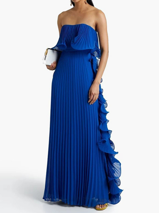 Vestido Festa Longo  Plissado Azul