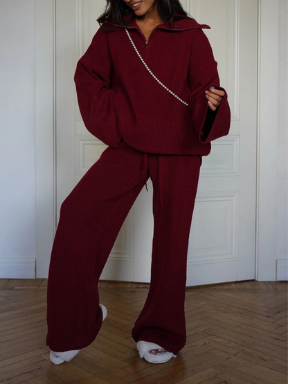 Conjunto Tricô Oversized Vinho com Zíper Frontal