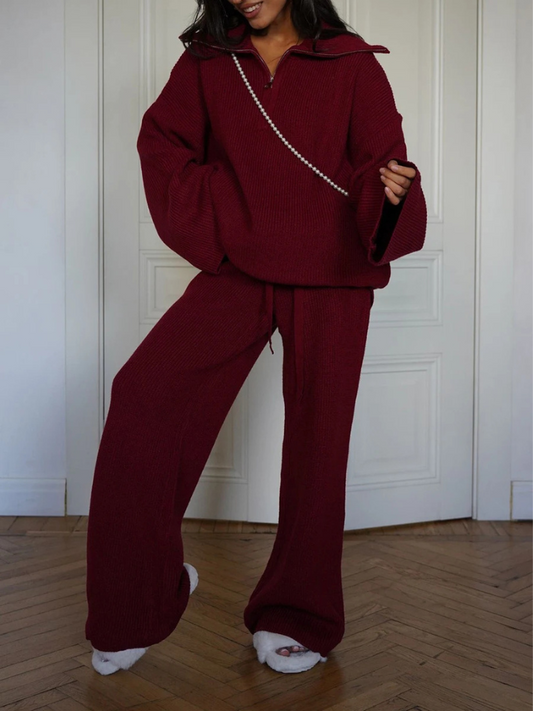 Conjunto Tricô Oversized Vinho com Zíper Frontal