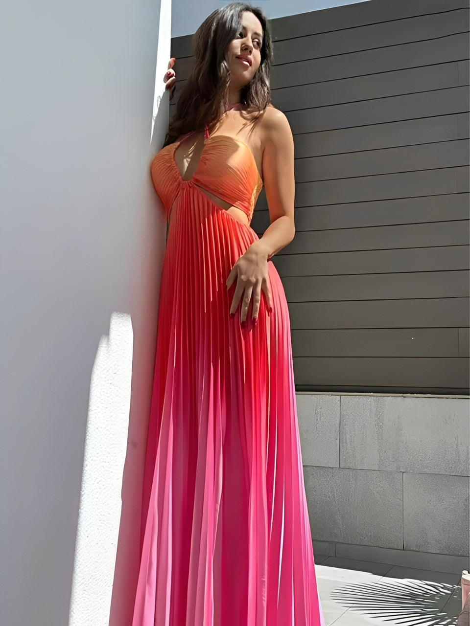 Vestido Longo Plinsado Degrade