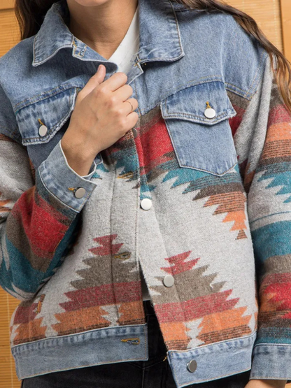 Jaqueta Jeans Boho Étnica Feminina