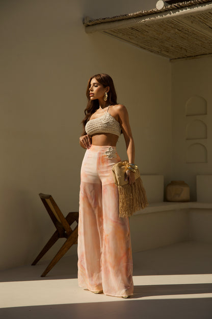 Conjunto Top Crochê e Calça Pantalona Flor - Sale