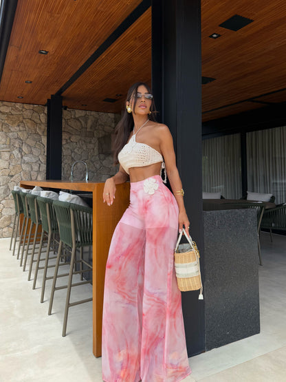 Conjunto Top Crochê e Calça Pantalona Flor - Sale