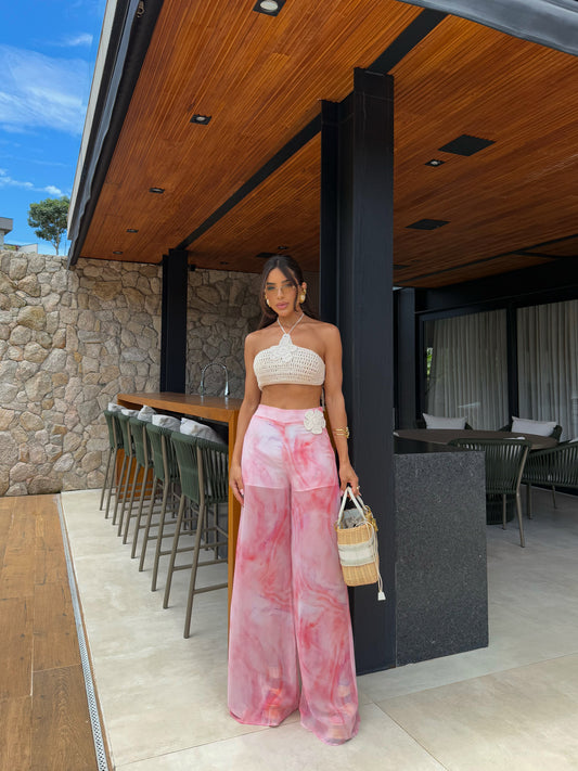 Conjunto Top Crochê e Calça Pantalona Flor - Sale