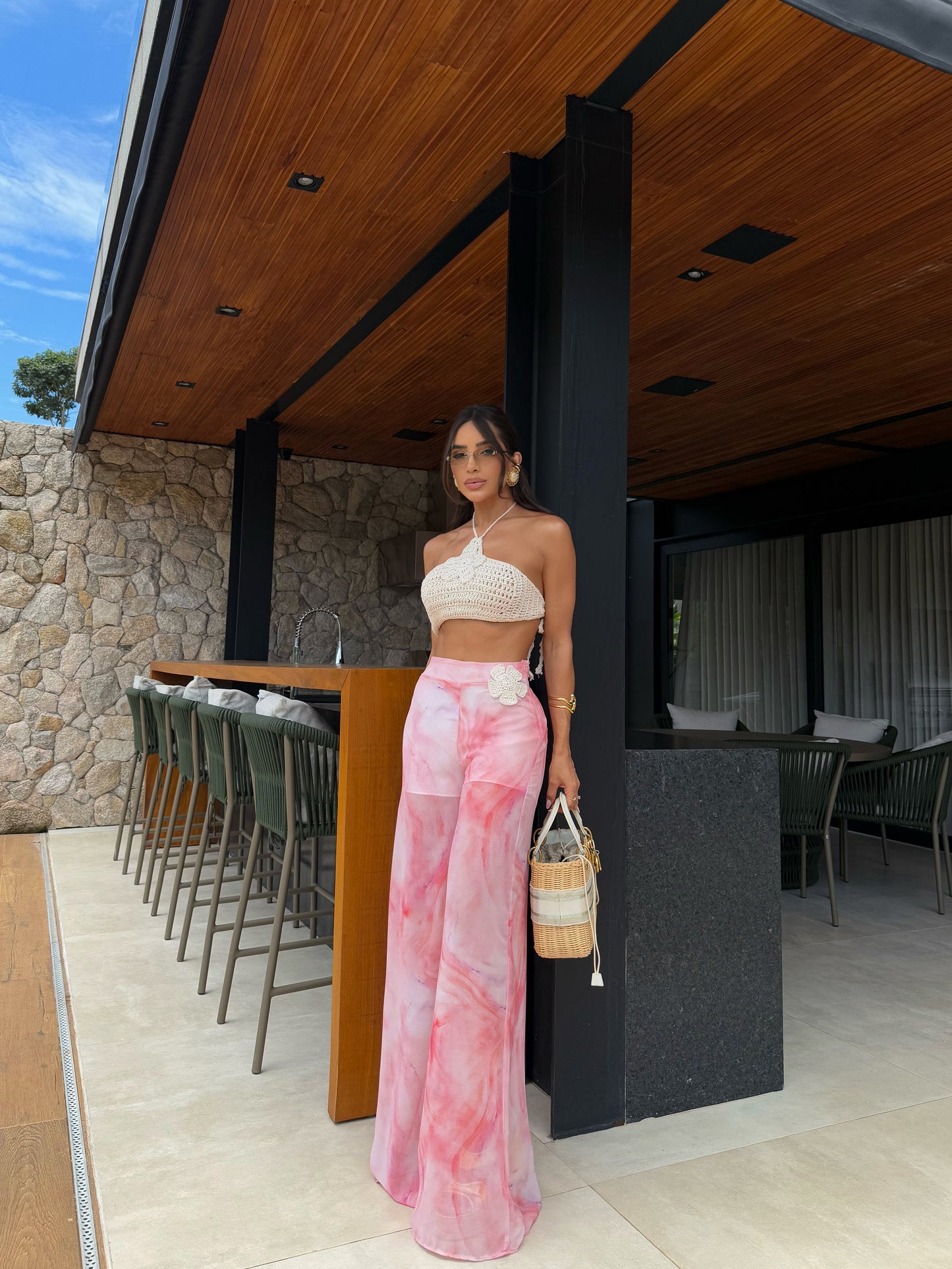 Conjunto Top Crochê e Calça Pantalona Flor - Sale