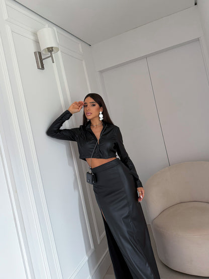 Conjunto Feminino Couro Saia e Jaqueta Cropped Malbec - Sale