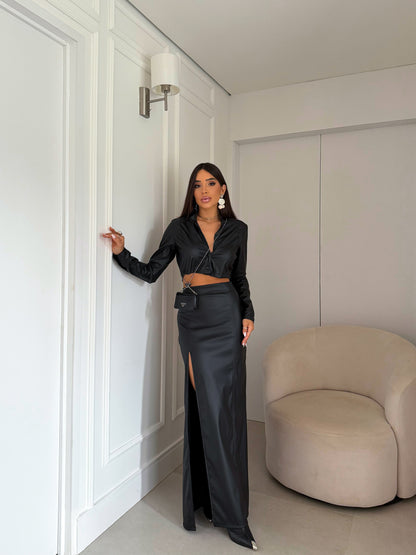 Conjunto Feminino Couro Saia e Jaqueta Cropped Malbec - Sale