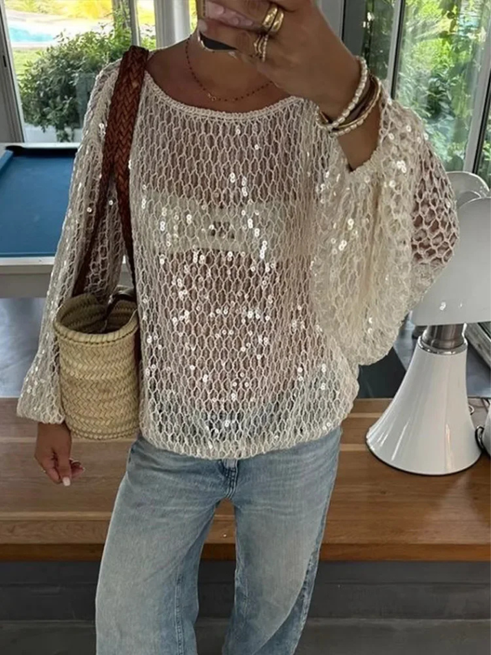 Blusa Feminina Tricot Vazado com Paetês Shine - Casual Chic l CAROL ESPAÇO FASHION