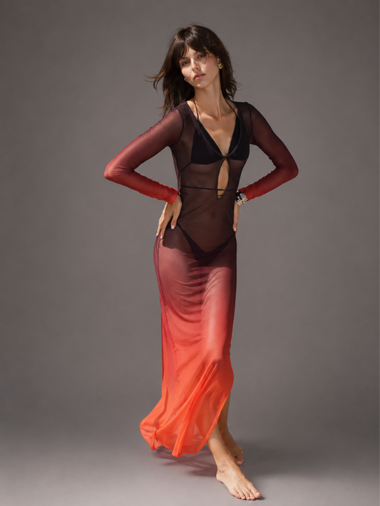 Saída de Praia Longa em Tule Degradê "Sunset Glow" - Moda Praia l CAROL ESPAÇO FASHION