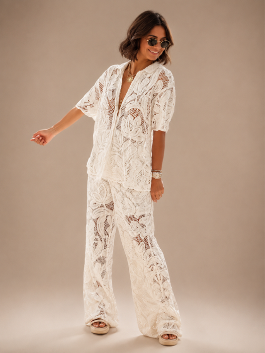 Conjunto Rendado Praia com Camisa e Calça Pantalona - Moda Resort l CAROL ESPAÇO FASHION