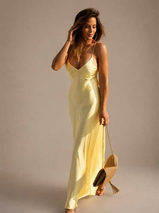 Vestido Longo Acetinado com Alças Finas - Moda Festa l CAROL ESPAÇO FASHION