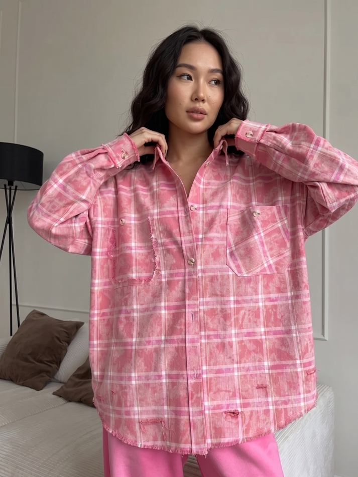 Camisa Oversized Xadrez Rosa com Efeito Lavado - Outono Inverno l CAROL ESPAÇO FASHION