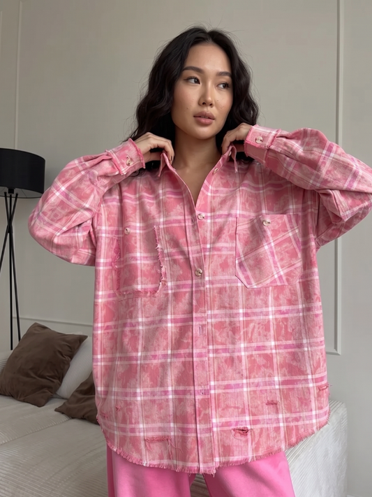 Camisa Oversized Xadrez Rosa com Efeito Lavado - Outono Inverno l CAROL ESPAÇO FASHION