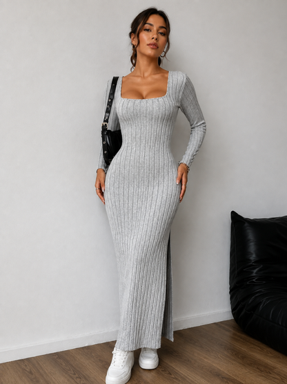 Vestido Longo Canelado com Decote Quadrado - Outono Inverno l  CAROL ESPAÇO FASHION