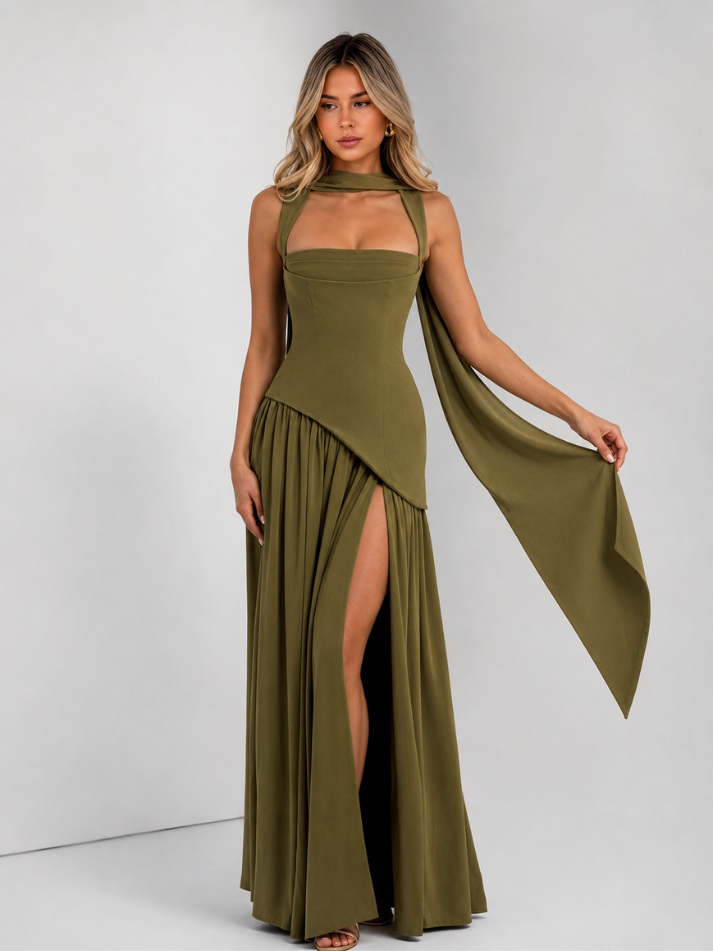 Vestido Longo Gala Olive Drape - Moda Festa l CAROL ESPAÇO FASHION