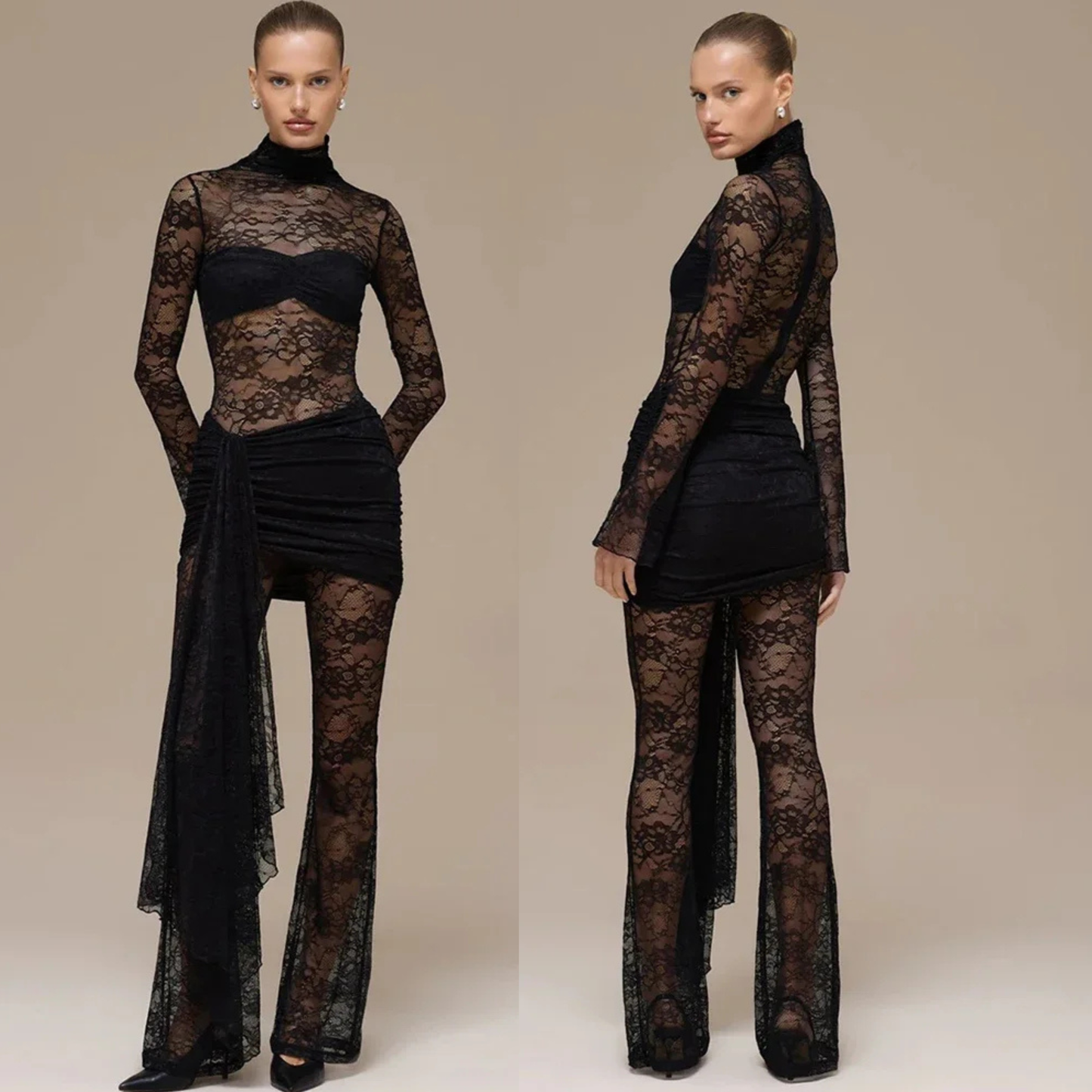 Macacão Longo em Renda com Transparência e Gola Alta - Moda Festa l CAROL ESPAÇO FASHION