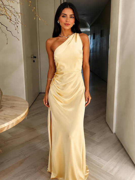 Vestido Longo Cetim Um Ombro com Fenda - Moda Festa l CAROL ESPAÇO FASHION