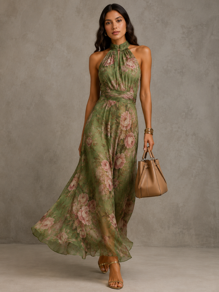 Vestido Longo Floral com Gola Halter - Moda Festa l CAROL ESPAÇO FASHION
