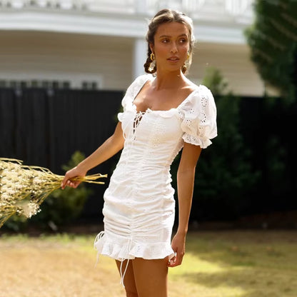 Vestido Curto Lese Manga Curta - Moda Praia l CAROL ESPAÇO FASHION