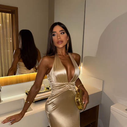 Vestido Scarlett Curto Dourado com Decote Profundo
