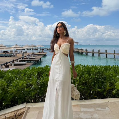 Vestido Amélia Longo Fluido com Busto Esculpido e Franja