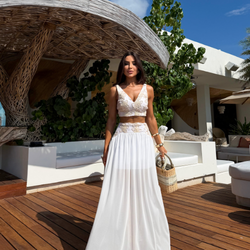 Conjunto Classic Cropped Bordado Saia Longa de Tule