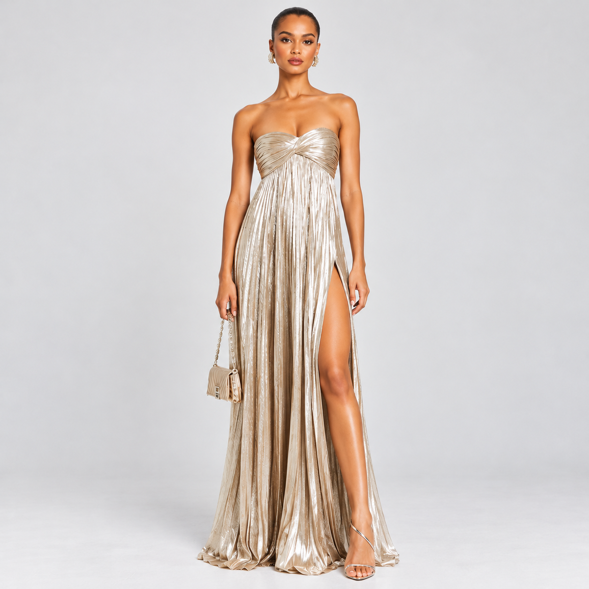 Vestido Longo Metalizado com Fenda - Moda Festa l CAROL ESPAÇO FASHION