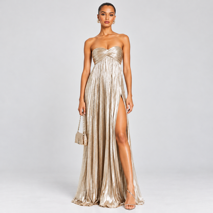 Vestido Longo Metalizado com Fenda - Moda Festa l CAROL ESPAÇO FASHION