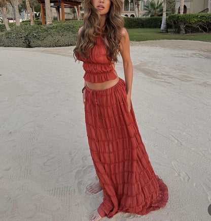 Conjunto Boho Backless Top e Saia Longa