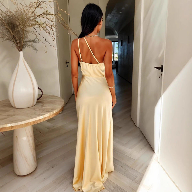 Vestido Longo Cetim Um Ombro com Fenda - Moda Festa l CAROL ESPAÇO FASHION